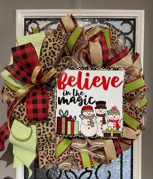 Christmas Wreath for your door, Snowman Believe In The Magic Christmas decor, Cheetah and Buffalo plaid holiday decorations