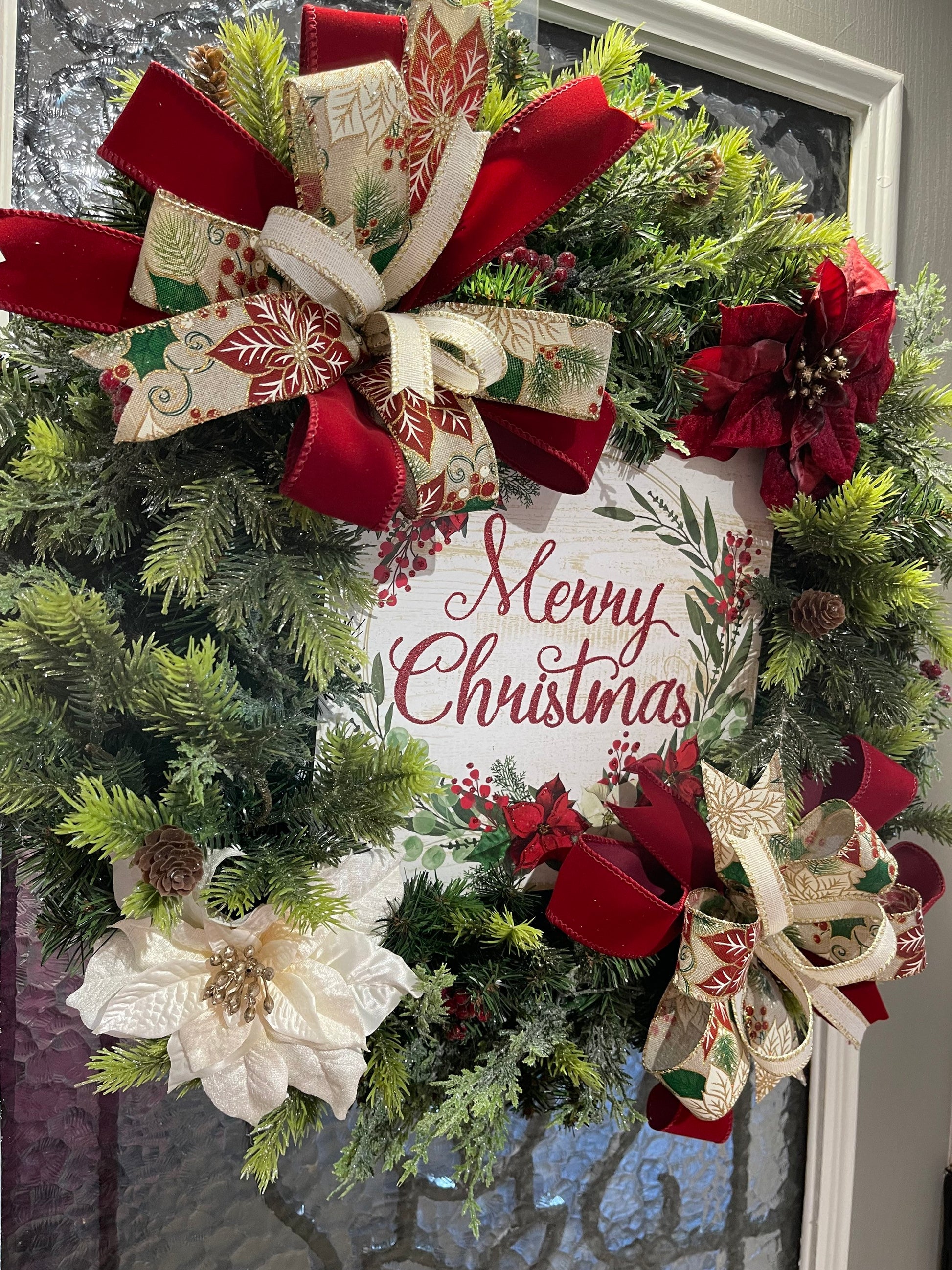 Christmas Wreath for your door, Traditional evergreen holiday decorations, Poinsettia red and white Christmas decor