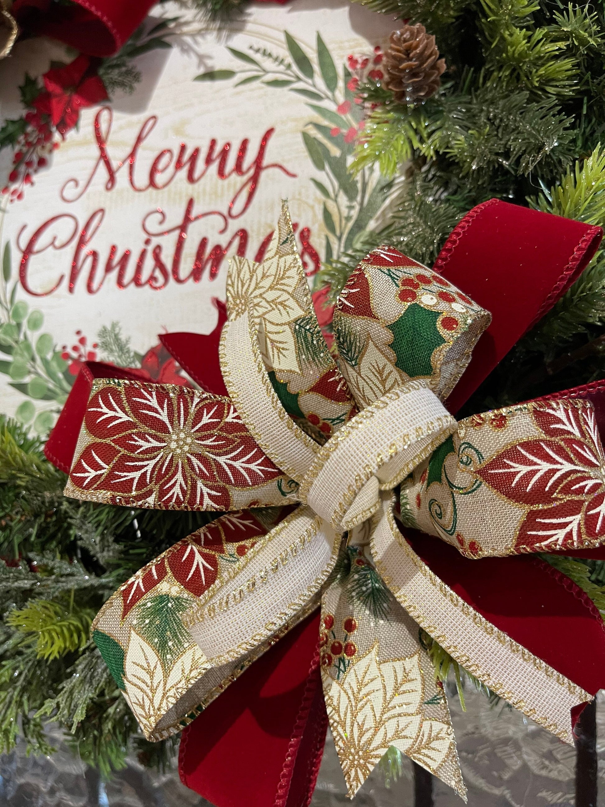 Christmas Wreath for your door, Traditional evergreen holiday decorations, Poinsettia red and white Christmas decor