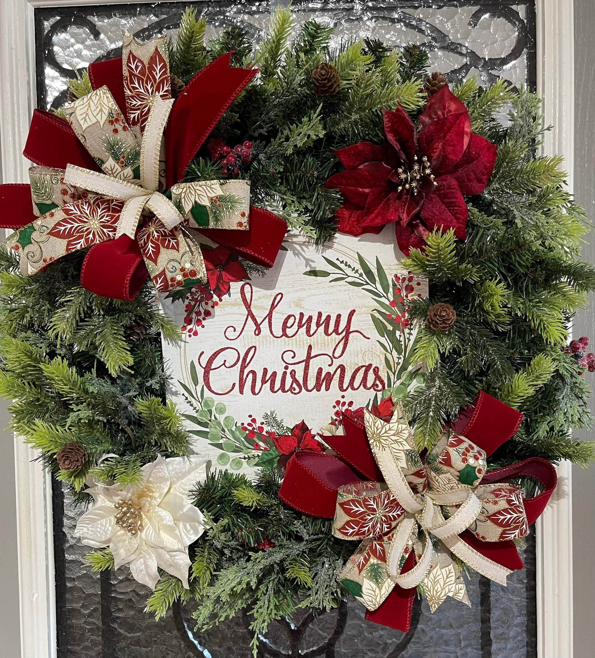Christmas Wreath for your door, Traditional evergreen holiday decorations, Poinsettia red and white Christmas decor