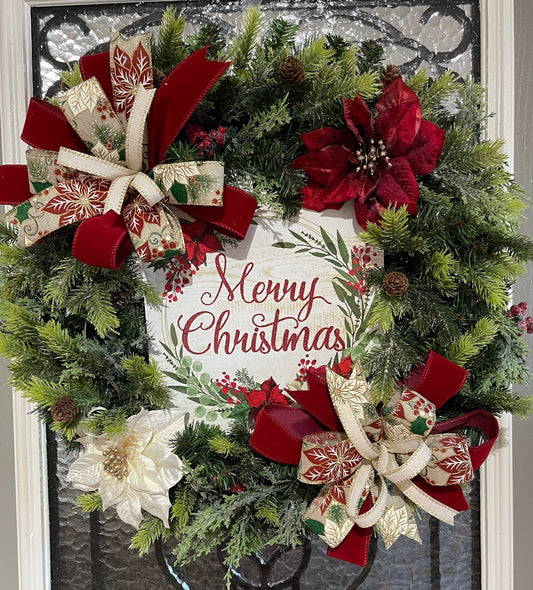 Christmas Wreath for your door, Traditional evergreen holiday decorations, Poinsettia red and white Christmas decor