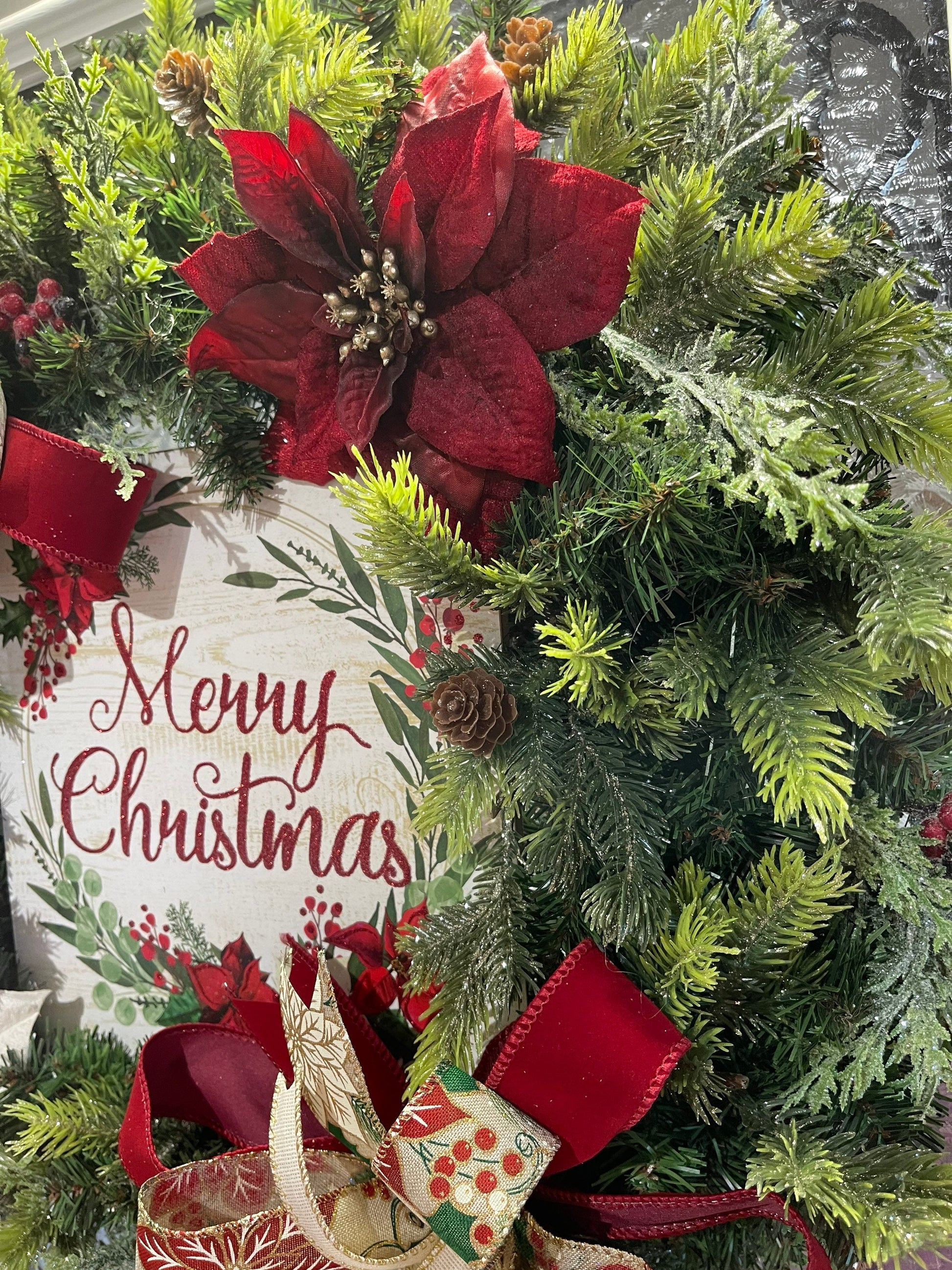 Christmas Wreath for your door, Traditional evergreen holiday decorations, Poinsettia red and white Christmas decor