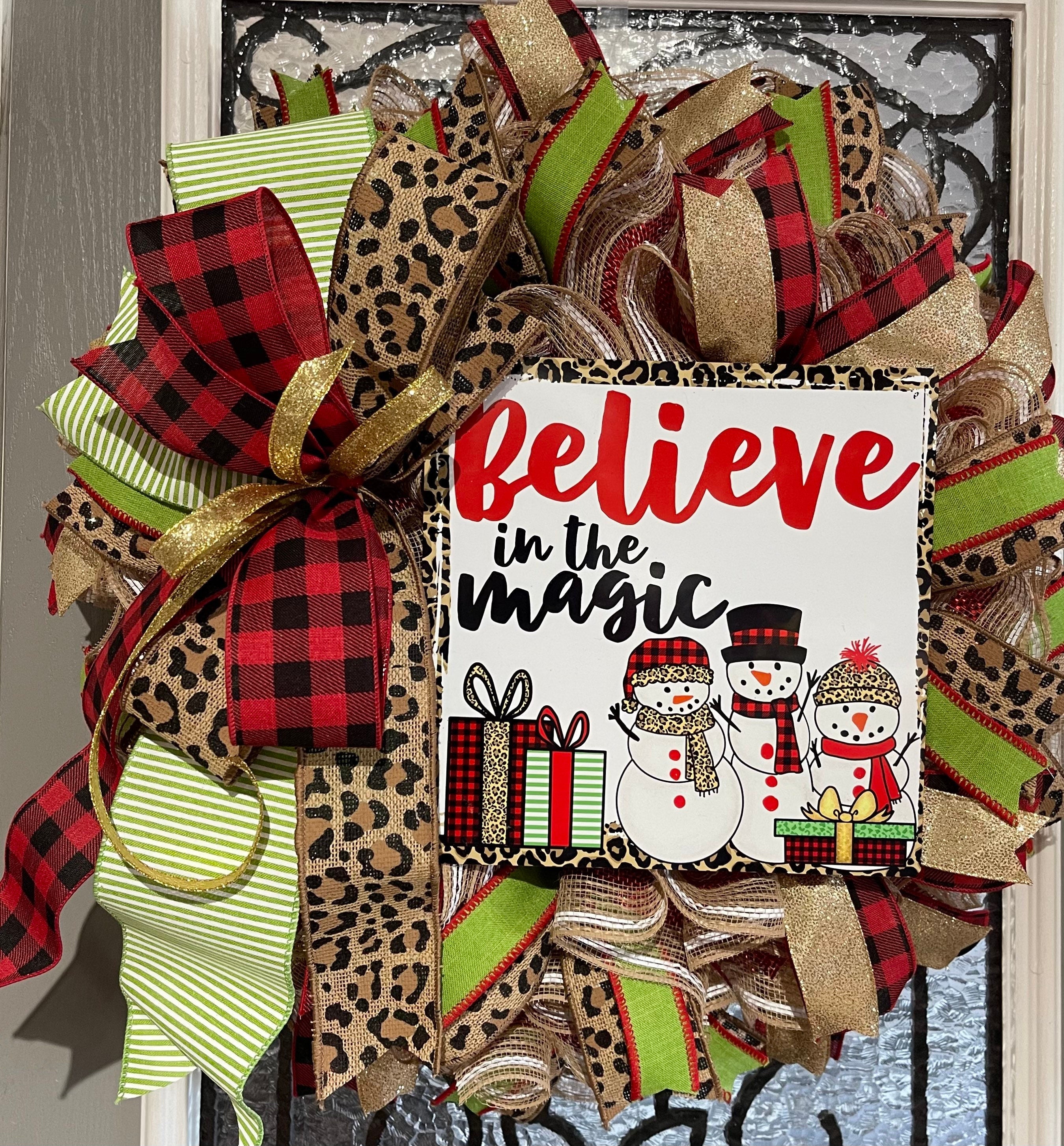 Christmas Wreath for your door, Snowman Believe In The Magic Christmas decor, Cheetah and Buffalo plaid holiday decorations