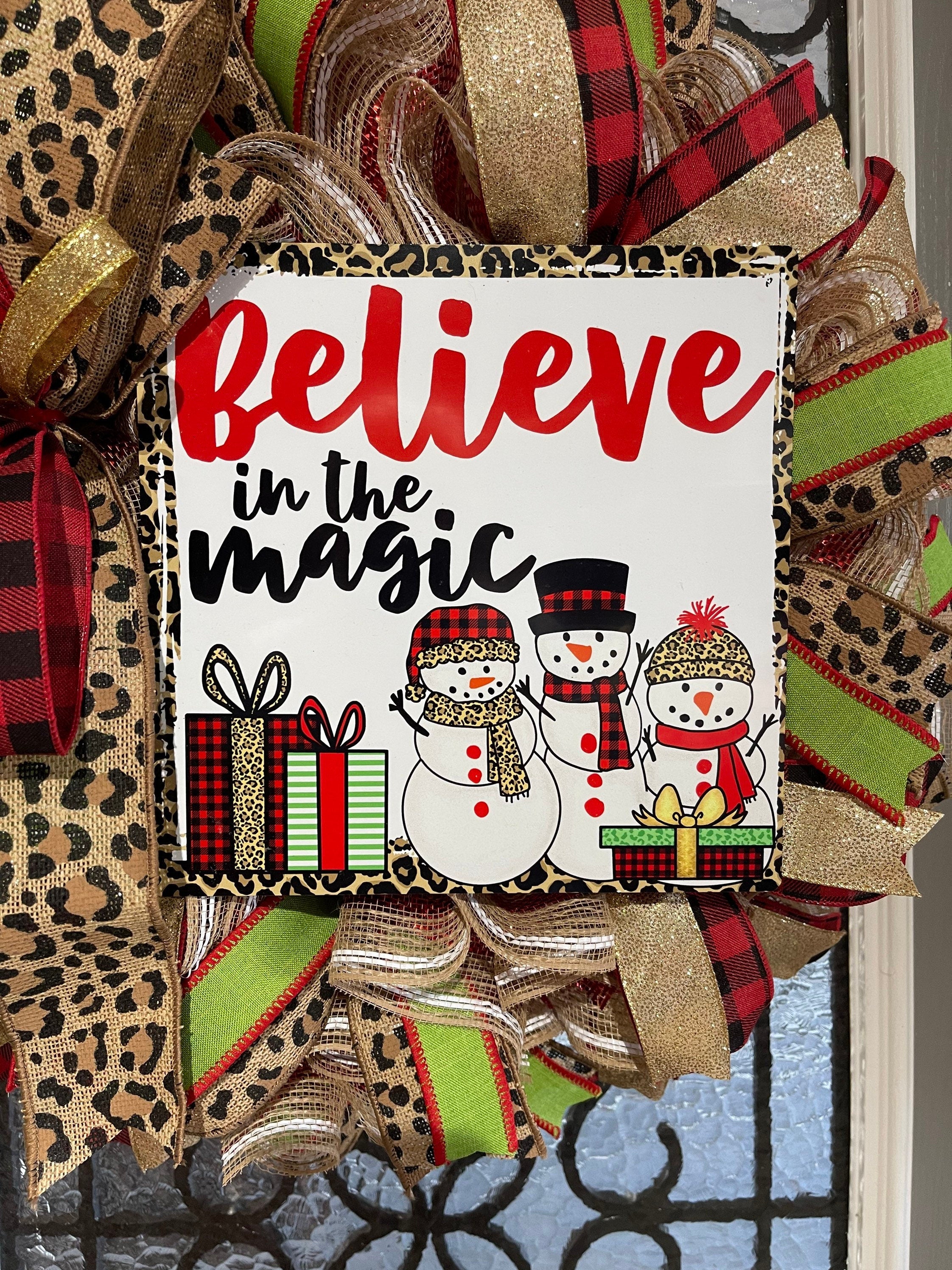 Christmas Wreath for your door, Snowman Believe In The Magic Christmas decor, Cheetah and Buffalo plaid holiday decorations