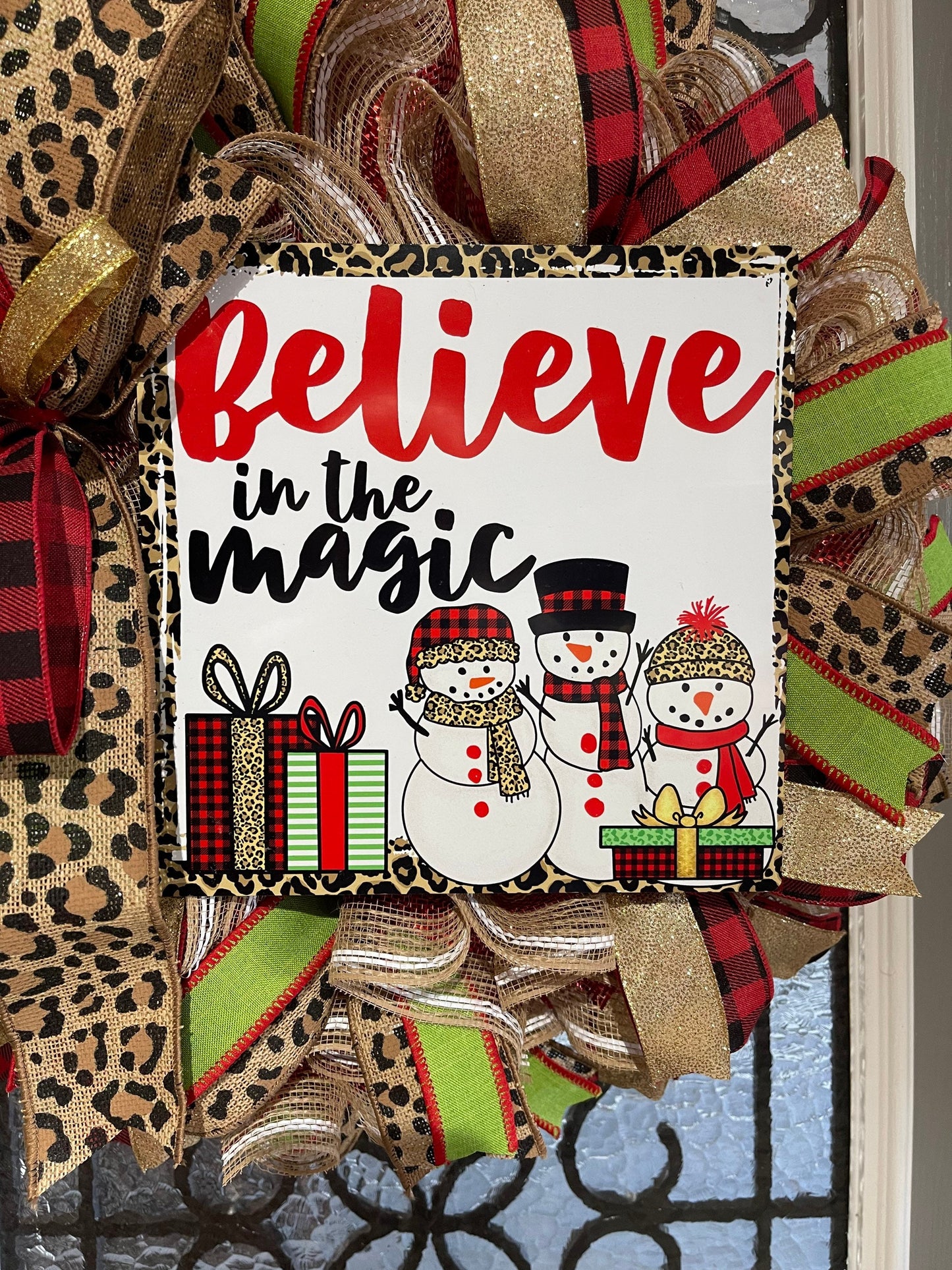 Christmas Wreath for your door, Snowman Believe In The Magic Christmas decor, Cheetah and Buffalo plaid holiday decorations