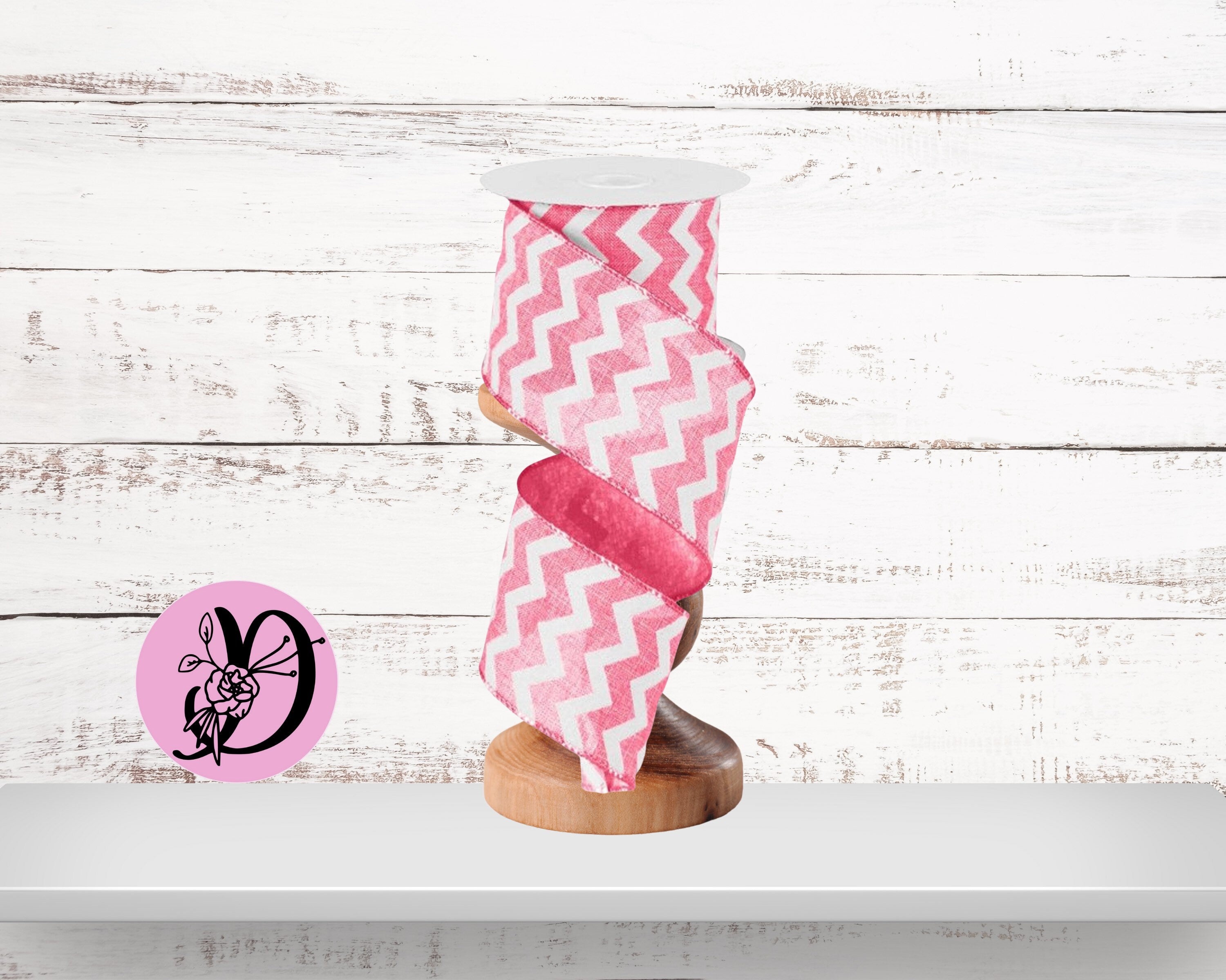 2.5 inch Wired Ribbon, Pink and White Chevron Pattern Ribbon, RG101922, Desert Wreath Creations, Craft Supplies