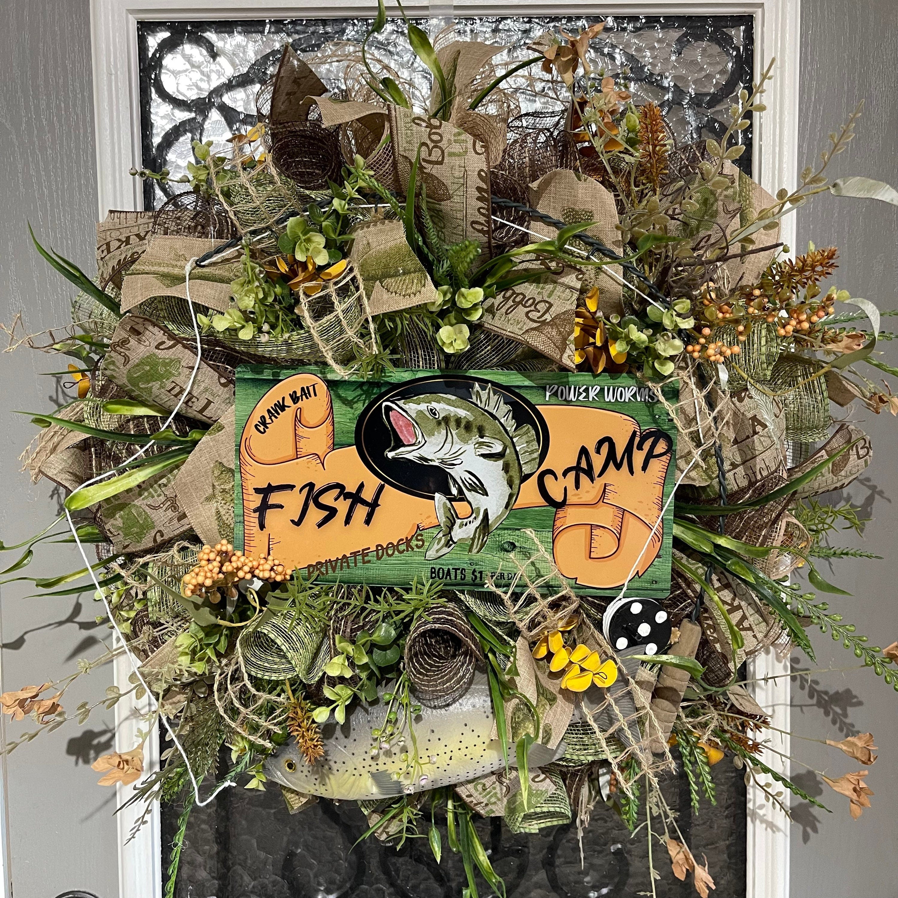 Fishing Wreath for your door, Large Mouth Bass Fishing Decor, Fishing Camp Wreath, Desert Wreath Creations