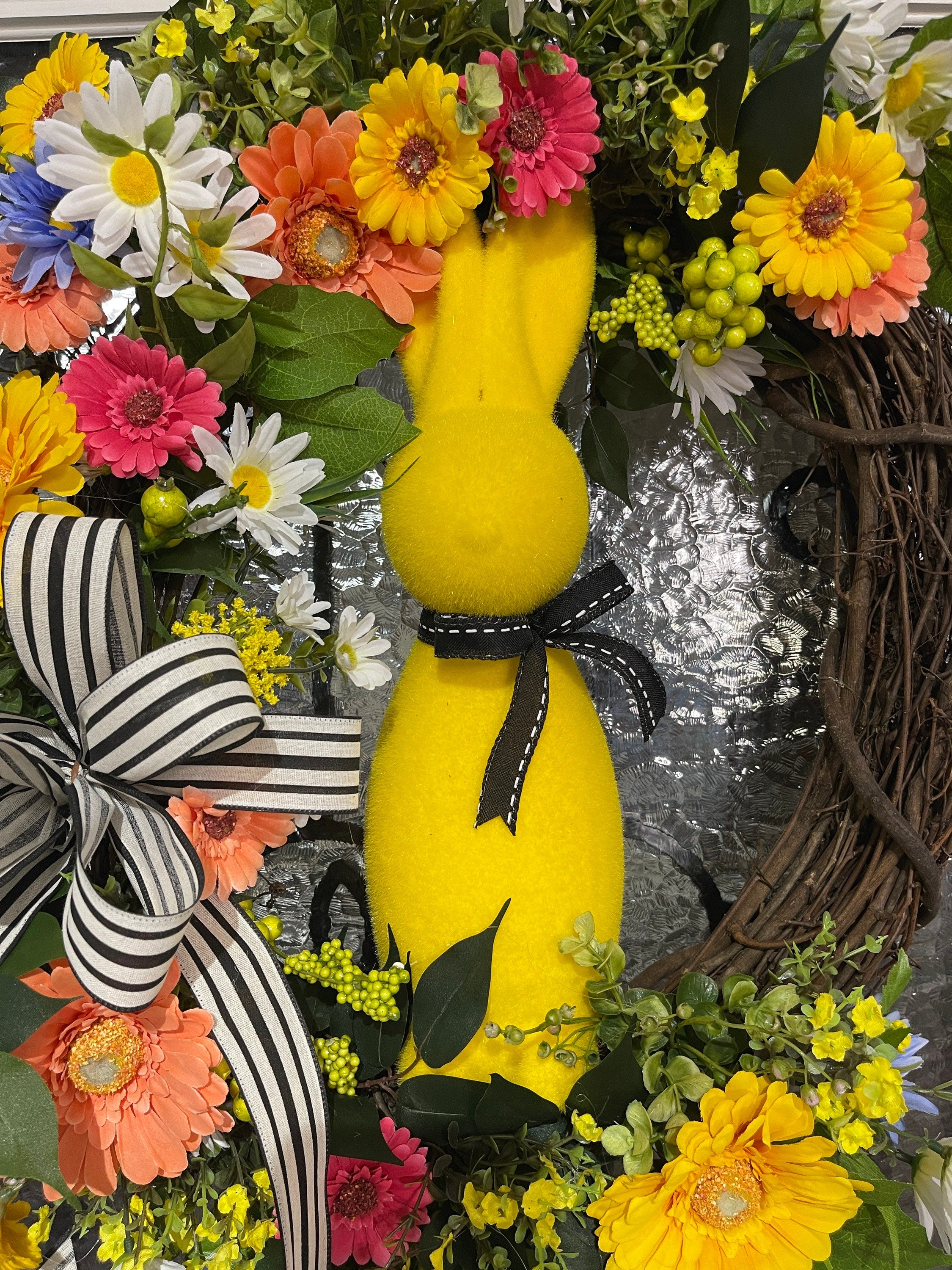 Spring Grapevine Wreath, Easter Décor, Yellow Floral Flocked Bunny Grapevine, Spring Décor, Mantel Decorations