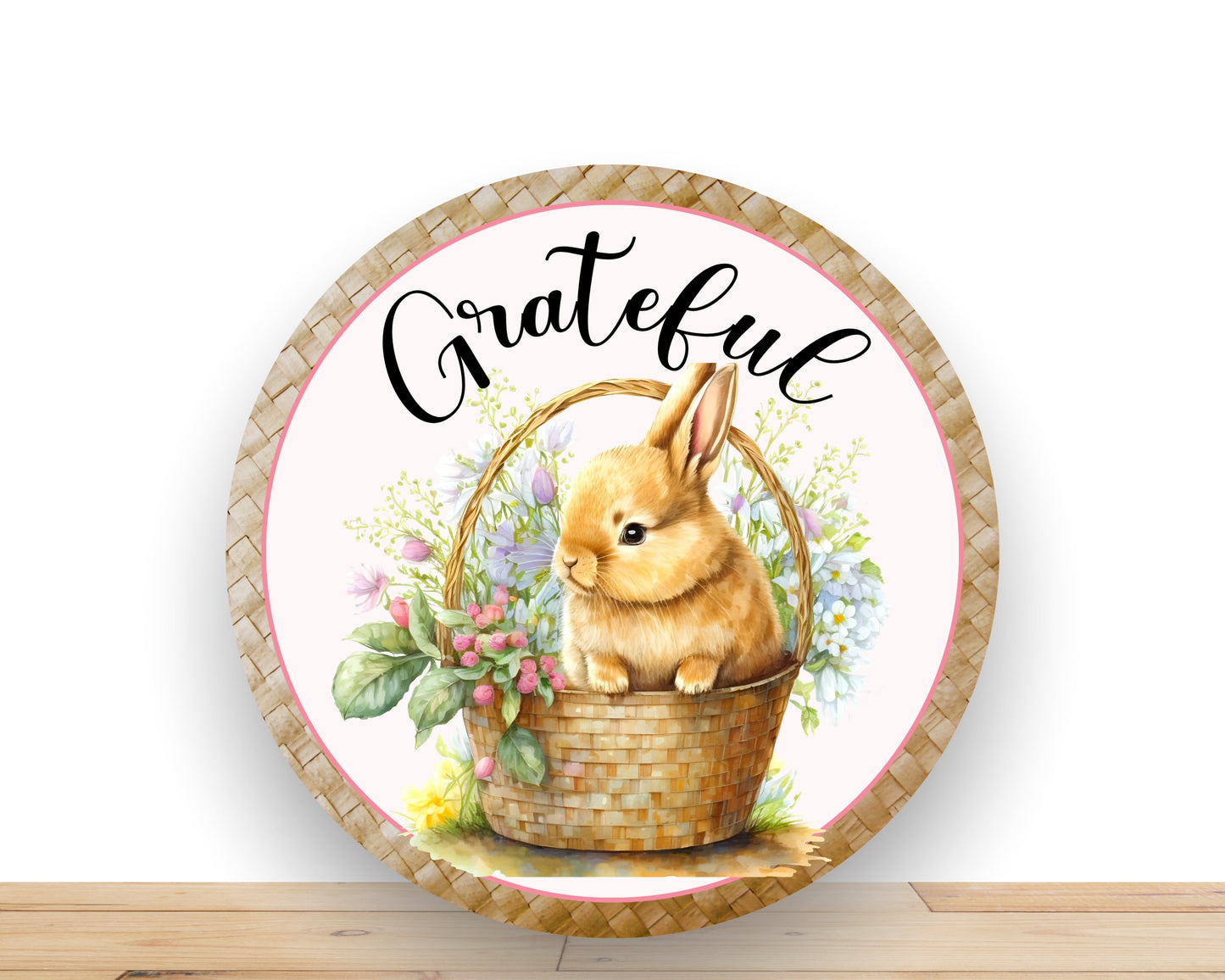 Easter Wreath Sign, Grateful Bunny In Basket Round Metal Sign, Sign For Wreath, Desert Wreath Signs