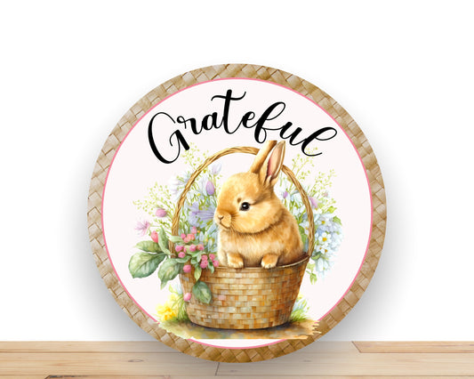 Easter Wreath Sign, Grateful Bunny In Basket Round Metal Sign, Sign For Wreath, Desert Wreath Signs