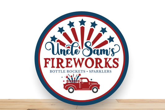 Patriotic Wreath Sign, Uncle Sam's Fireworks Round Metal Sign, Sign For Wreath, Desert Wreath Signs