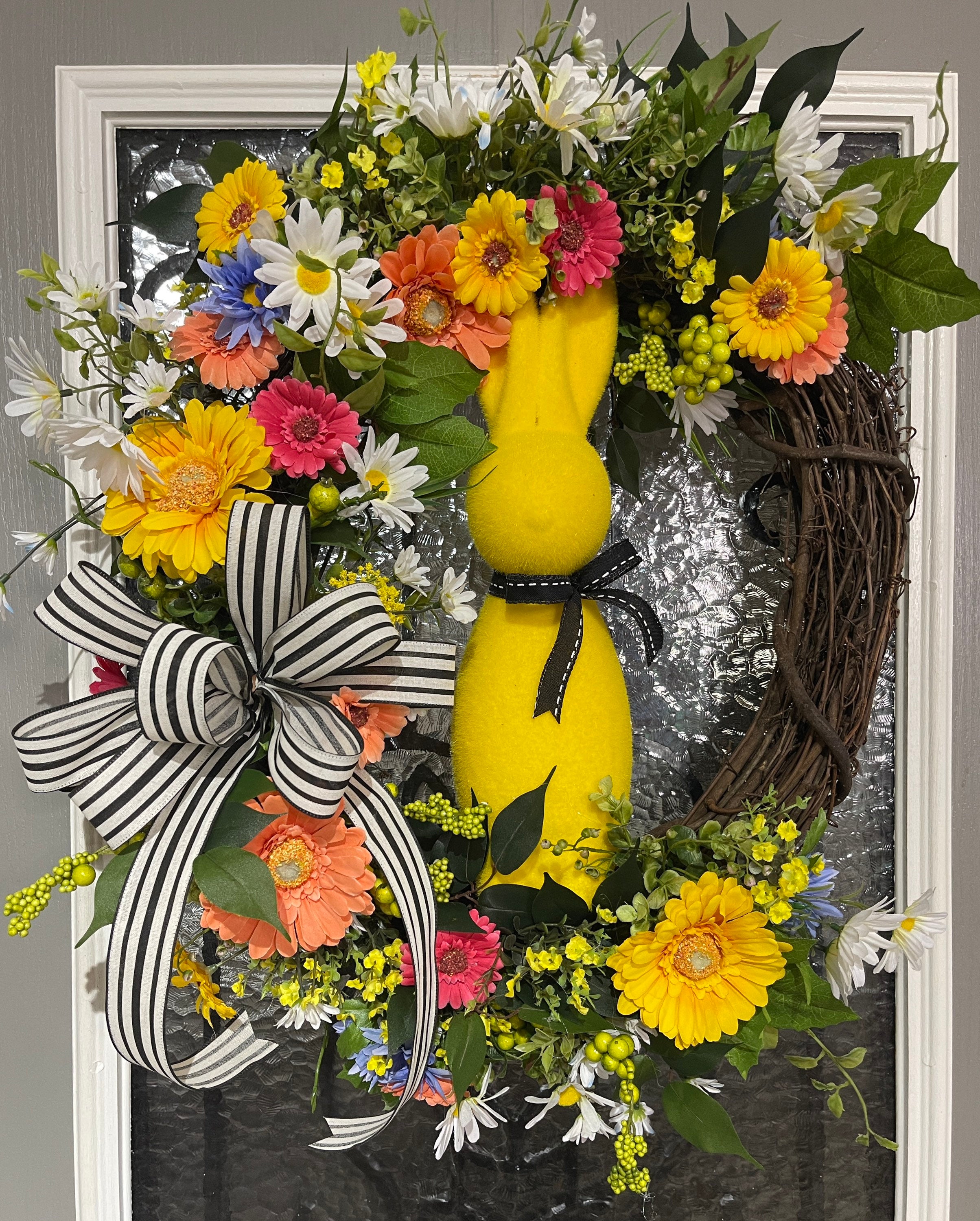 Spring Grapevine Wreath, Easter Décor, Yellow Floral Flocked Bunny Grapevine, Spring Décor, Mantel Decorations