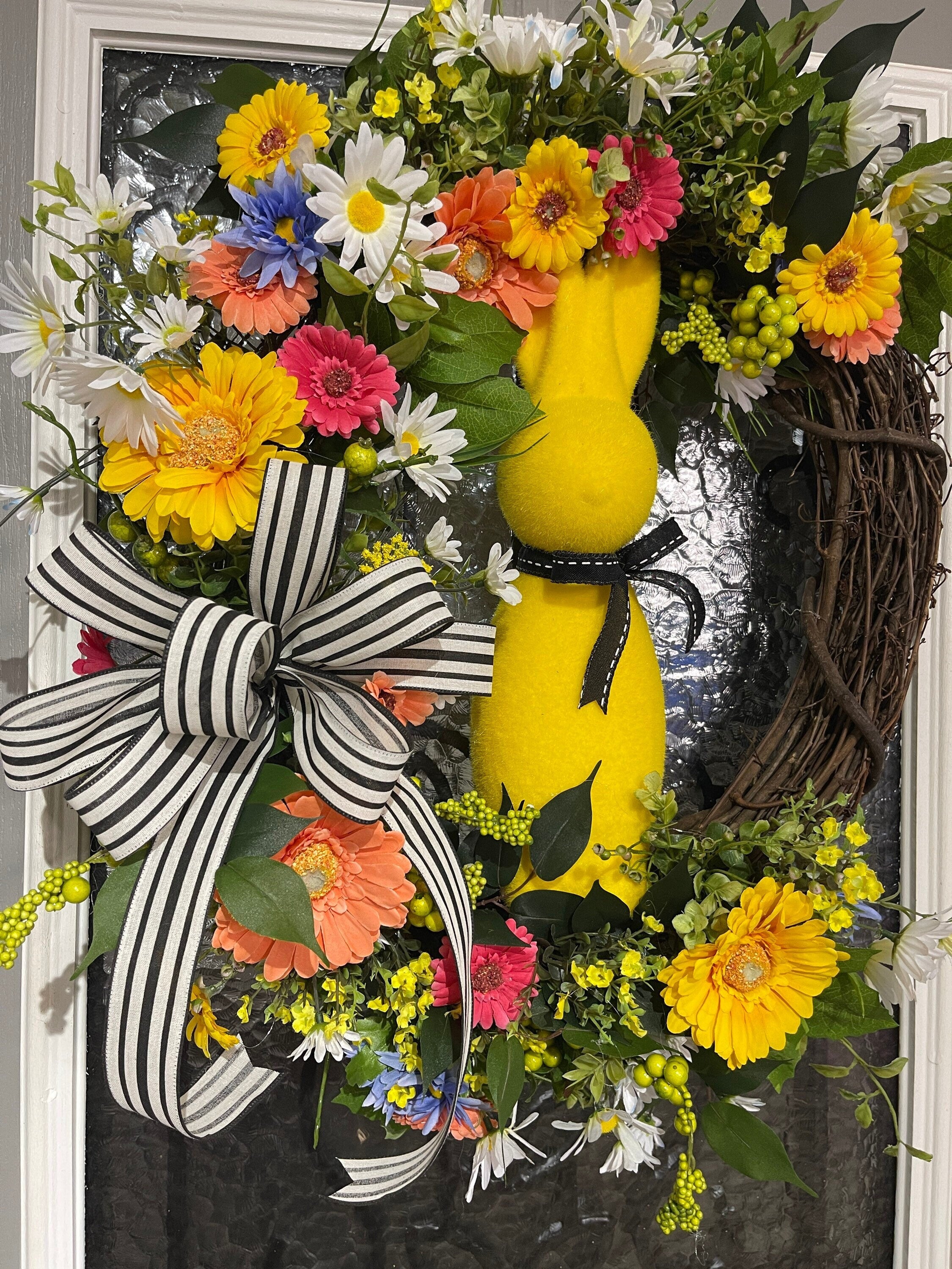 Spring Grapevine Wreath, Easter Décor, Yellow Floral Flocked Bunny Grapevine, Spring Décor, Mantel Decorations