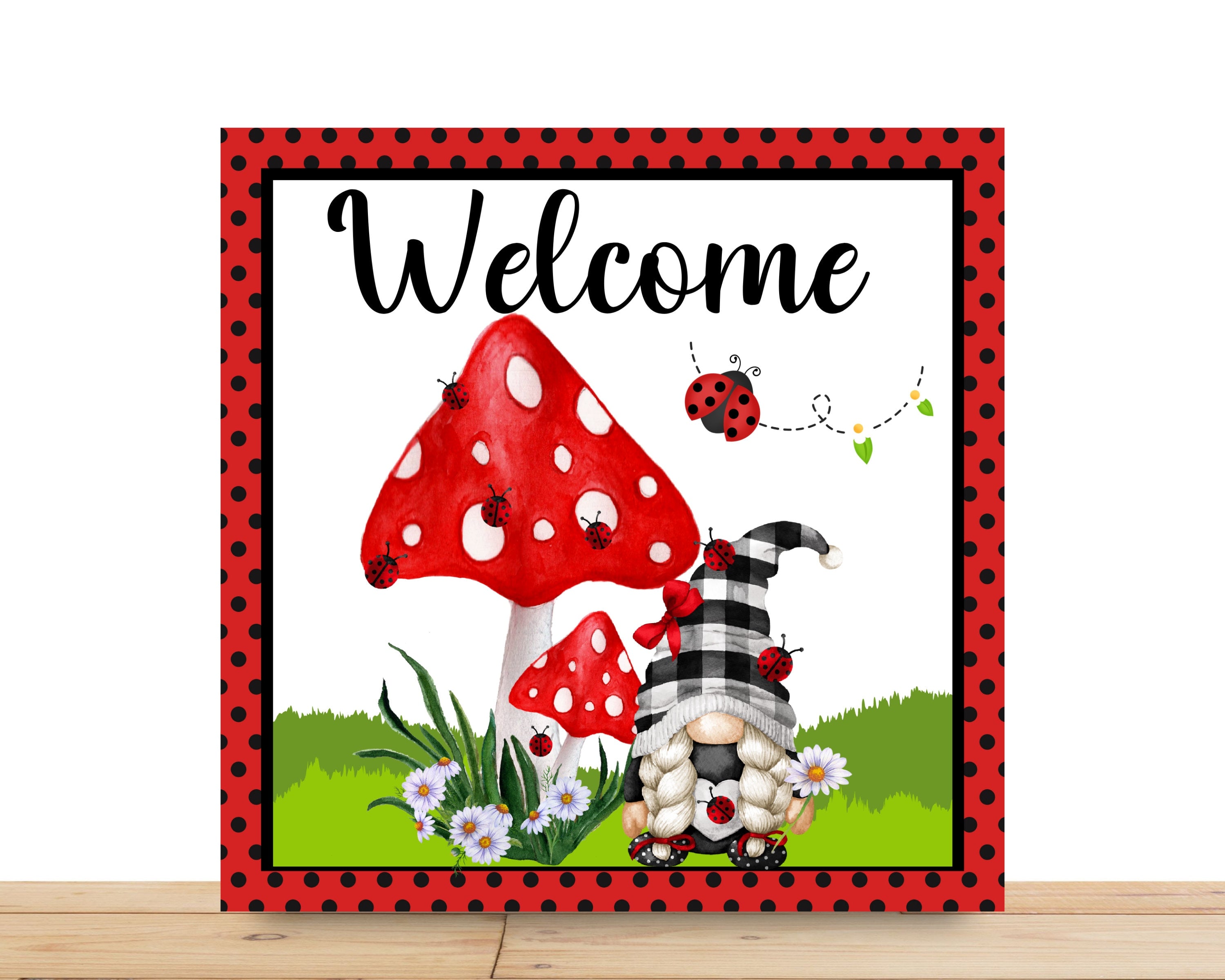 Ladybug Gnome Wreath Sign, Welcome Gnome Ladybug Square Metal Sign, Sign For Wreath, Desert Wreath Signs