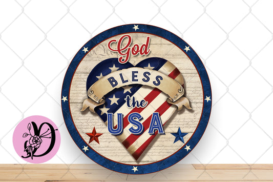 Patriotic Wreath Sign, God Bless Bless the USA Round Metal Sign, Patriotic Sign For Wreath, Desert Wreath Signs