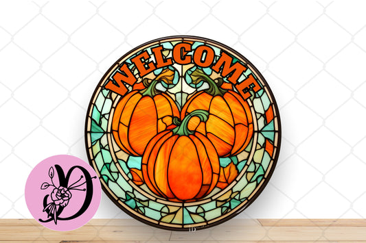 Fall Wreath Sign, Stained Glass Welcome Pumpkin Fall Round Metal Sign, Sign For Wreath, Desert Wreath Signs