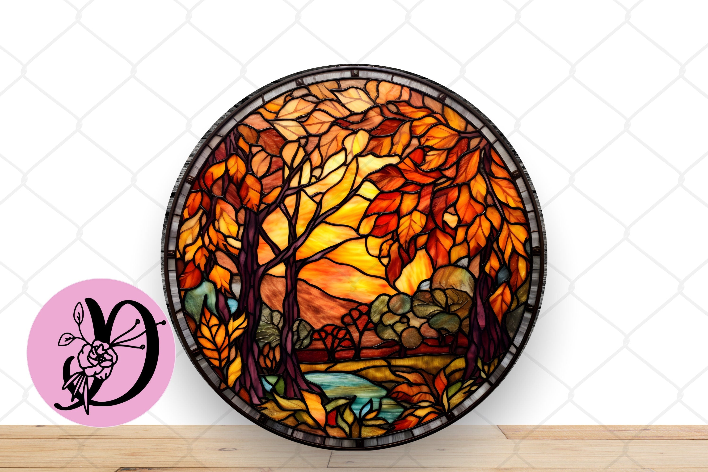 Fall Wreath Sign, Stained Glass Fall Leaves And Trees Round Metal Sign, Sign For Wreath, Desert Wreath Signs