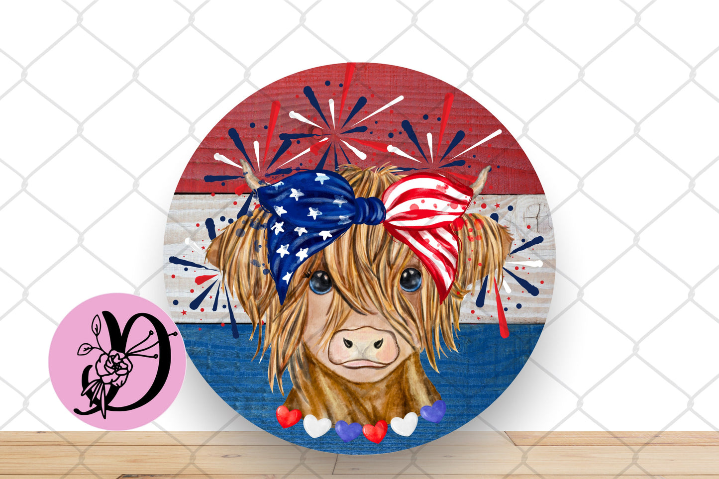 Highland Cow Patriotic Wreath Sign, Highland Cow Round Metal Sign, Patriotic Cow Sign For Wreath, Highland Cow Decorations