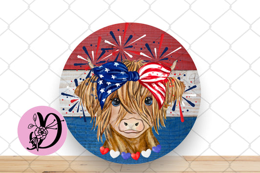 Highland Cow Patriotic Wreath Sign, Highland Cow Round Metal Sign, Patriotic Cow Sign For Wreath, Highland Cow Decorations