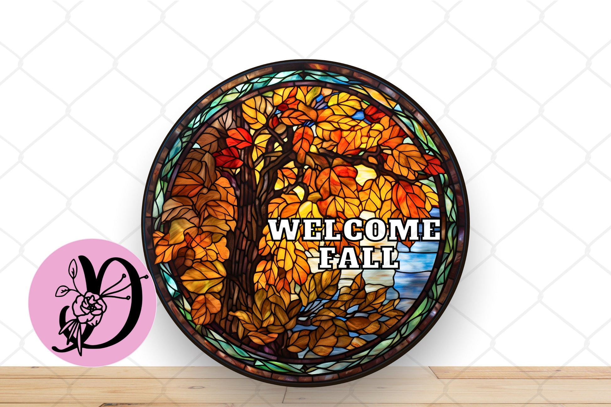Fall Wreath Sign, Stained Glass Welcome Fall Round Metal Sign, Sign For Wreath, Desert Wreath Signs