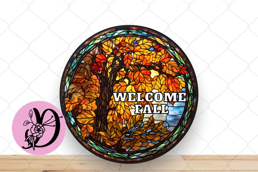 Fall Wreath Sign, Stained Glass Welcome Fall Round Metal Sign, Sign For Wreath, Desert Wreath Signs