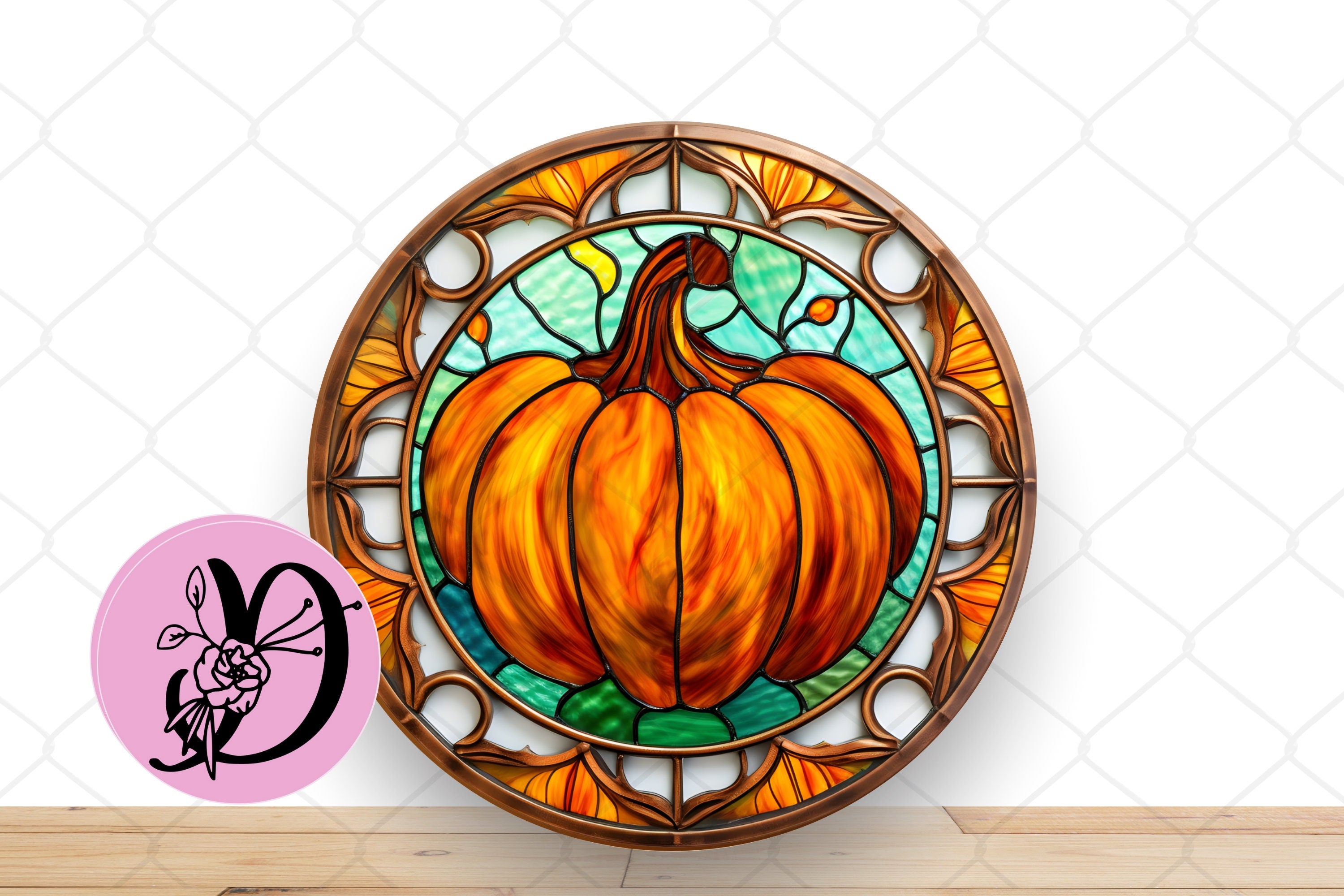 Fall Wreath Sign, Stained Glass Pumpkin Fall Round Metal Sign, Sign For Wreath, Desert Wreath Signs