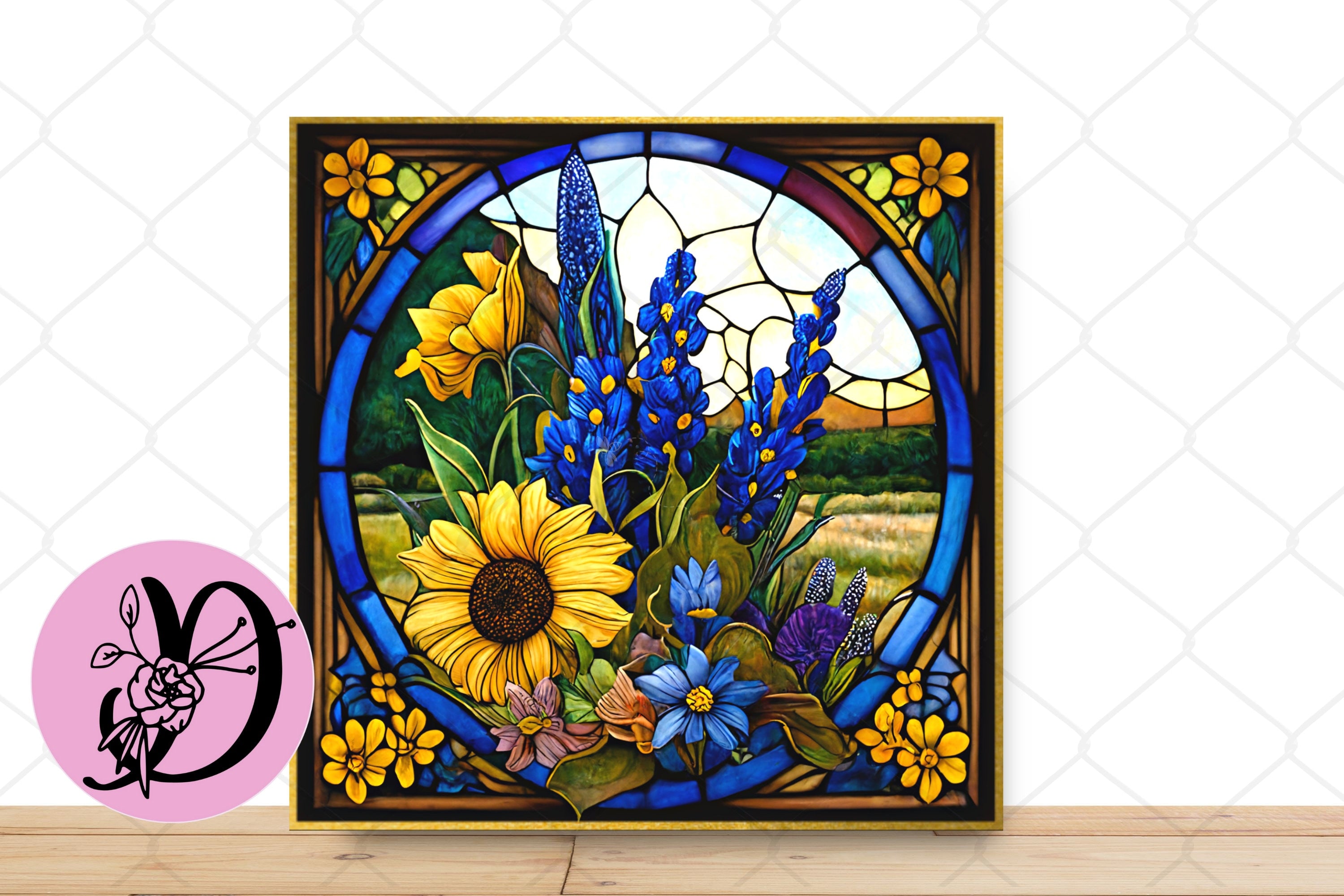 Sunflower Wreath Sign, Stained Glass Sunflower Sign, Bluebonnet Stained Glass Square Metal Sign, Sign For Wreath, Highland Cow Décor