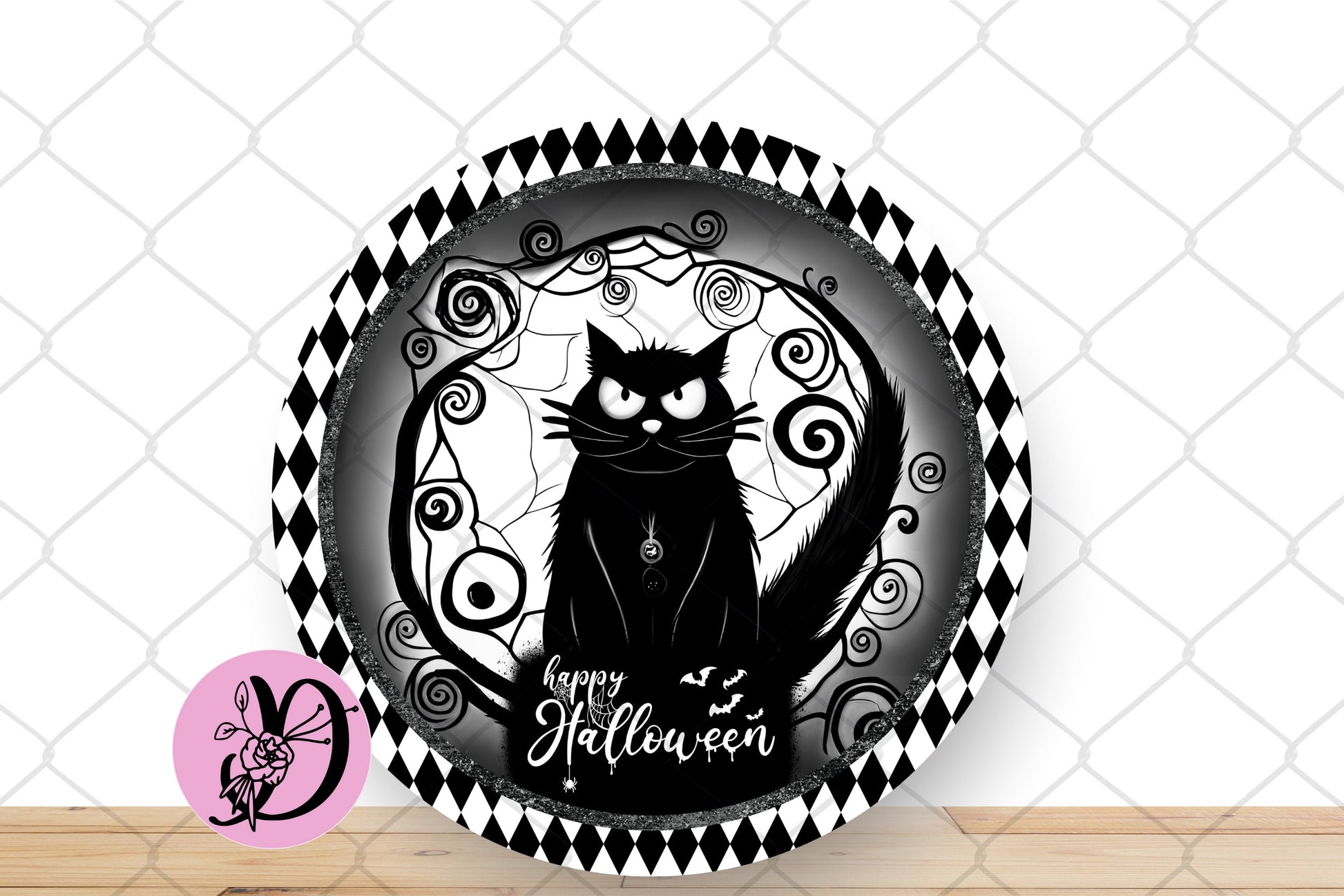 Halloween Wreath Sign, Happy Halloween Black Cat Round Metal Sign, Sign For Wreath, Desert Wreath Signs