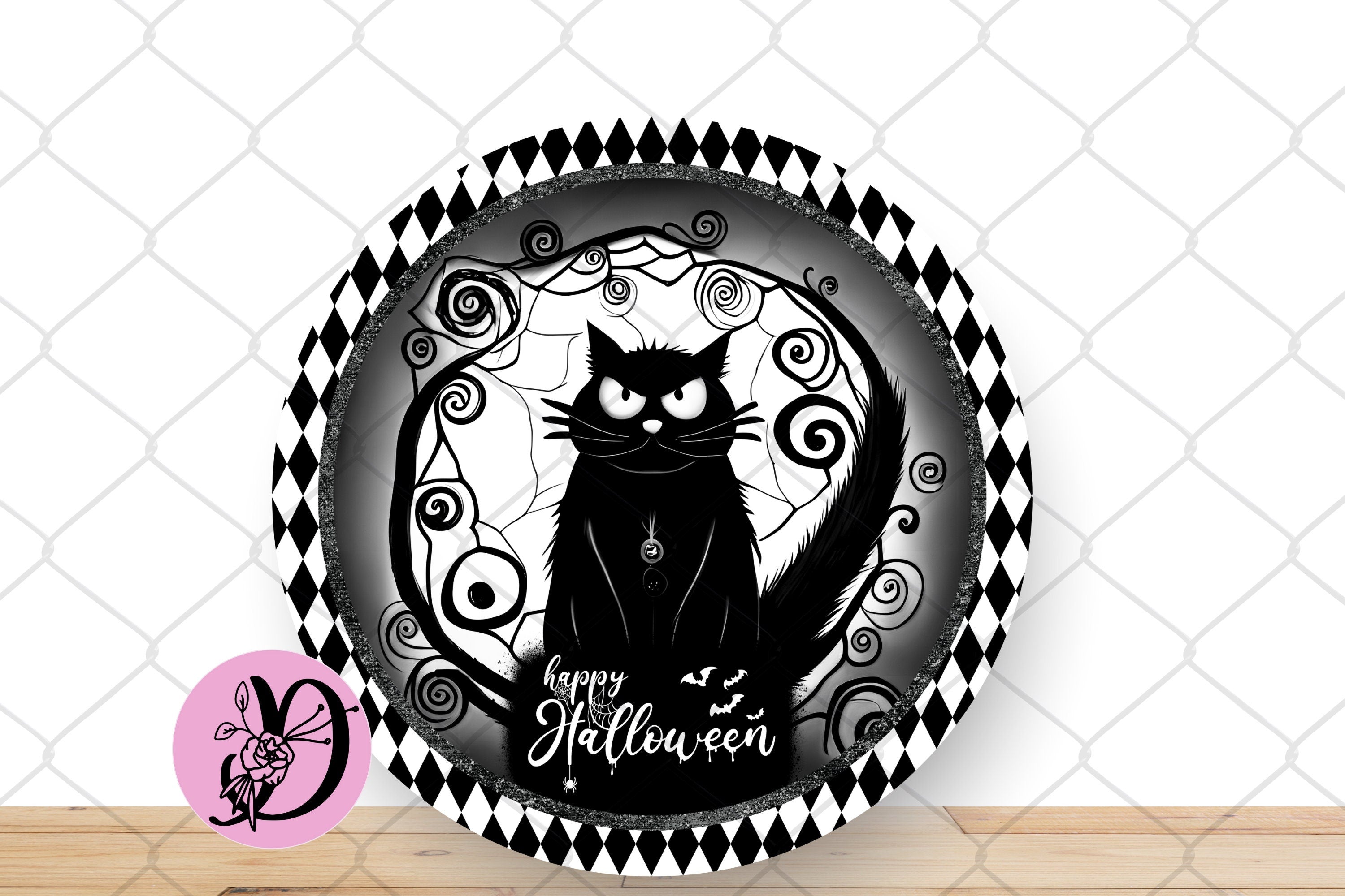 Halloween Wreath Sign, Happy Halloween Black Cat Round Metal Sign, Sign For Wreath, Desert Wreath Signs