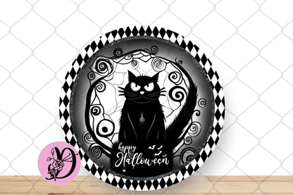 Halloween Wreath Sign, Happy Halloween Black Cat Round Metal Sign, Sign For Wreath, Desert Wreath Signs