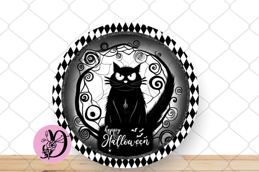 Halloween Wreath Sign, Happy Halloween Black Cat Round Metal Sign, Sign For Wreath, Desert Wreath Signs