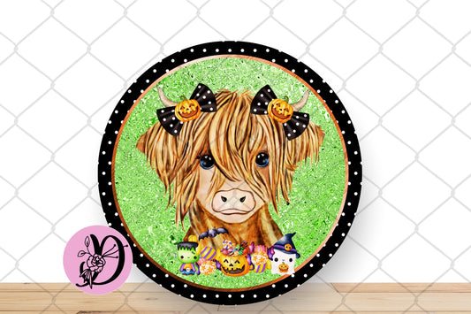 Halloween Cow Wreath Sign, Highland Cow Halloween Round Metal Sign, Sign For Wreath, Desert Wreath Signs