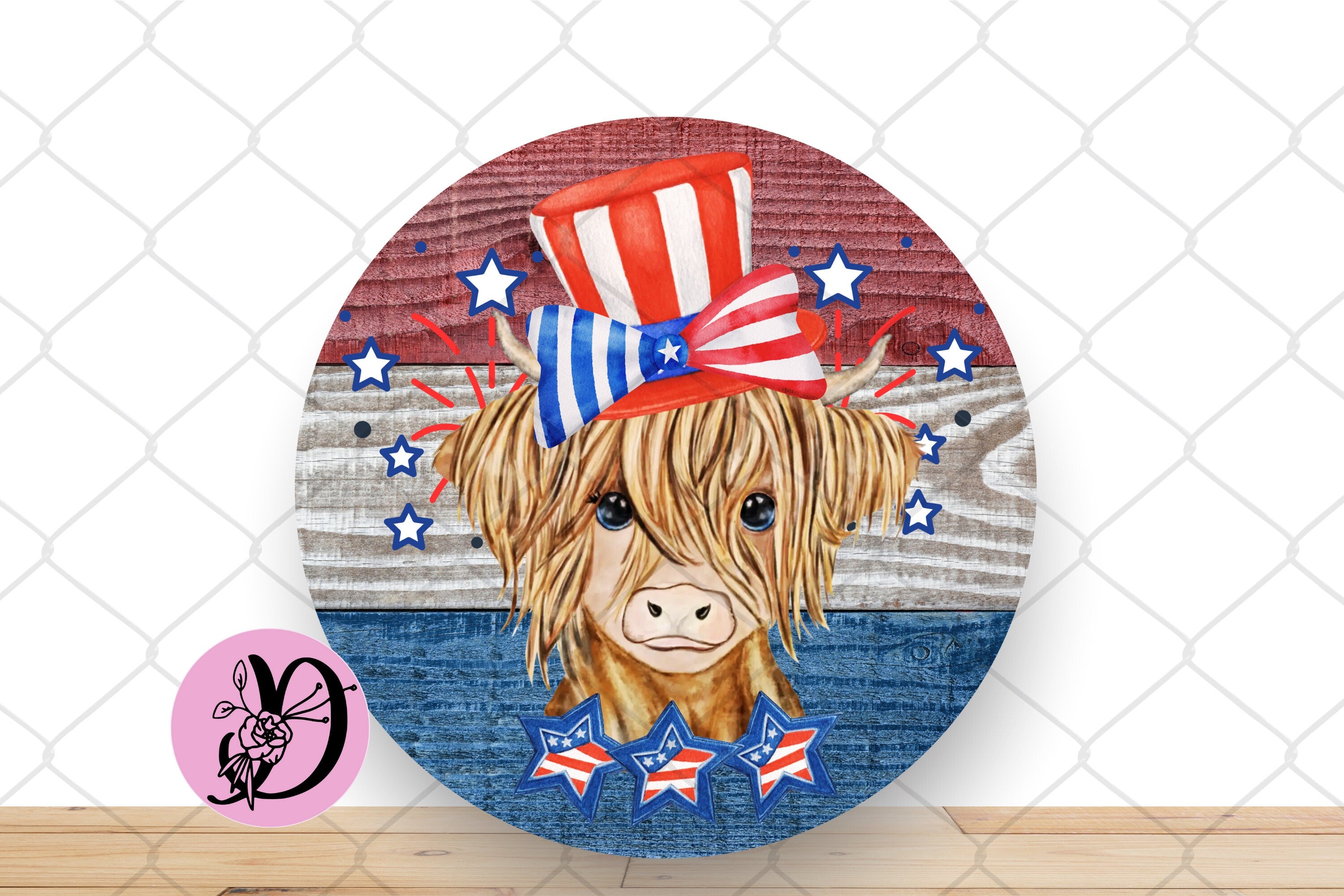 Highland Cow Patriotic Wreath Sign, Highland Cow Round Metal Sign, Patriotic Cow Sign For Wreath, Highland Cow Decorations