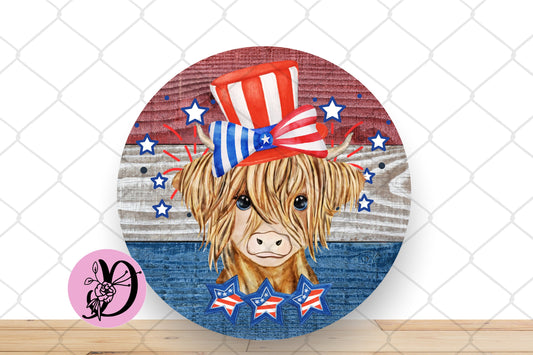 Highland Cow Patriotic Wreath Sign, Highland Cow Round Metal Sign, Patriotic Cow Sign For Wreath, Highland Cow Decorations