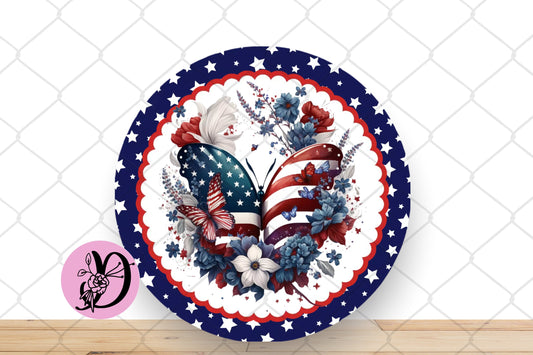 Patriotic Wreath Sign, Patriotic Butterfly Round Metal Sign, Patriotic Sign For Wreath, Desert Wreath Signs
