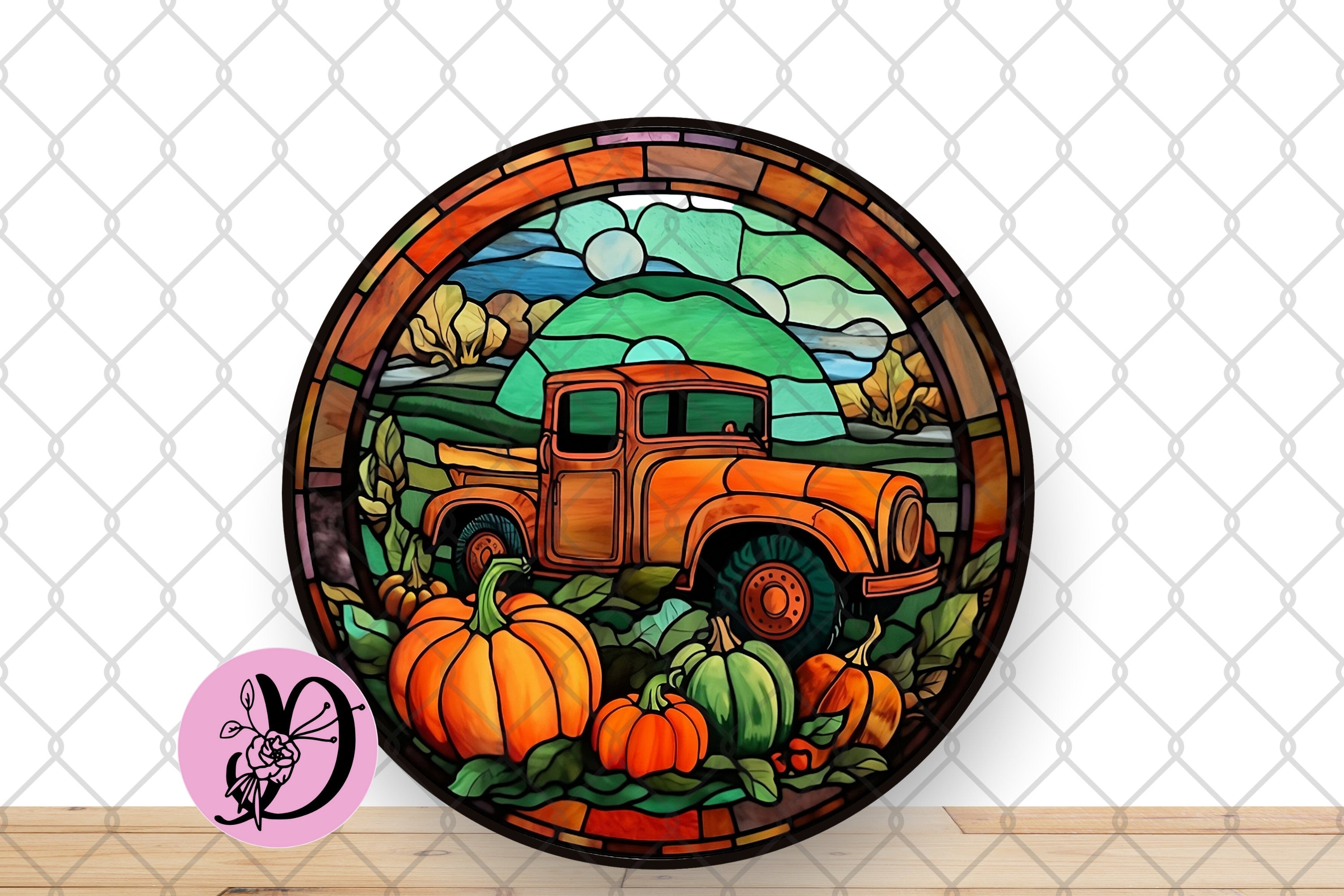 Fall Wreath Sign, Stained Glass Pumpkin Truck Metal Sign, Sign For Wreath, Autumn Pumpkin Truck Decorations