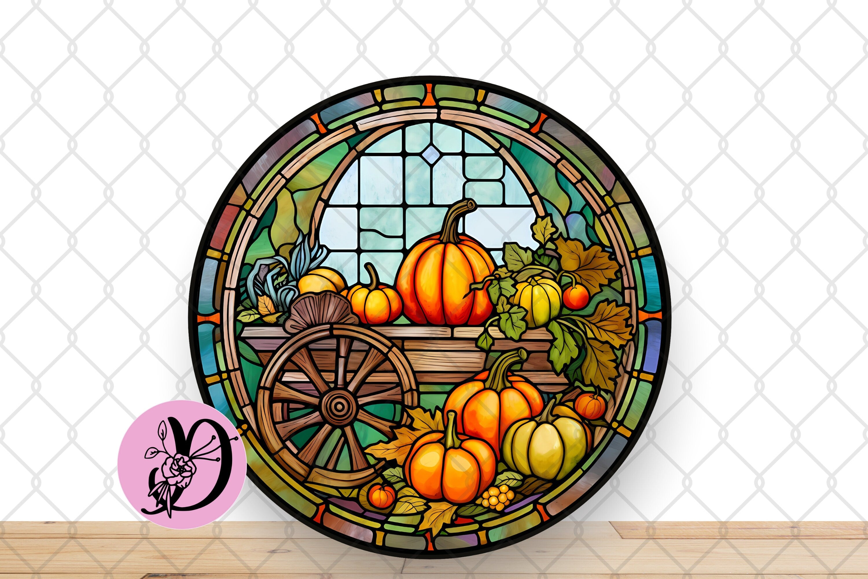 Fall Wreath Sign, Stained Glass Cart With Pumpkins Metal Sign, Sign For Wreath, Turquoise Autumn Pumpkin Cart Decorations