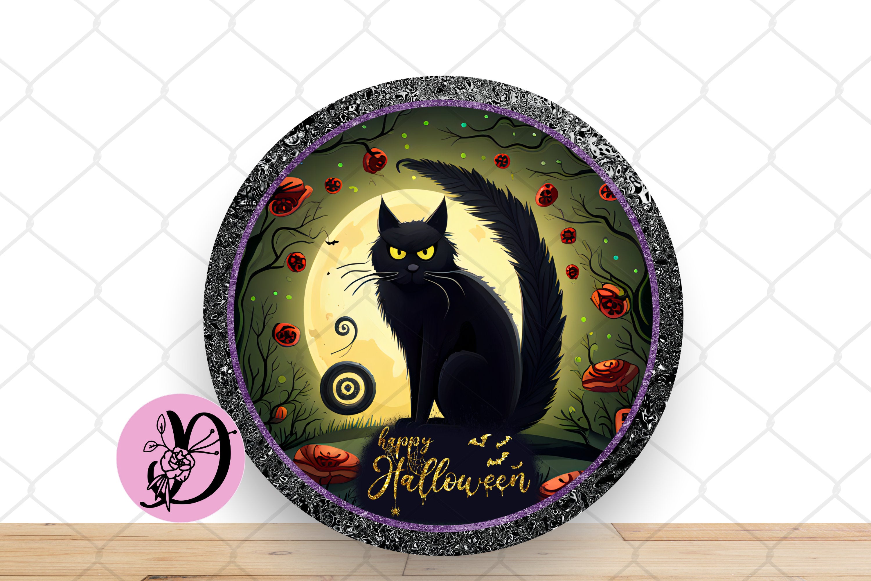 Halloween Wreath Sign, Happy Halloween Black Cat Round Metal Sign, Sign For Wreath, Desert Wreath Signs