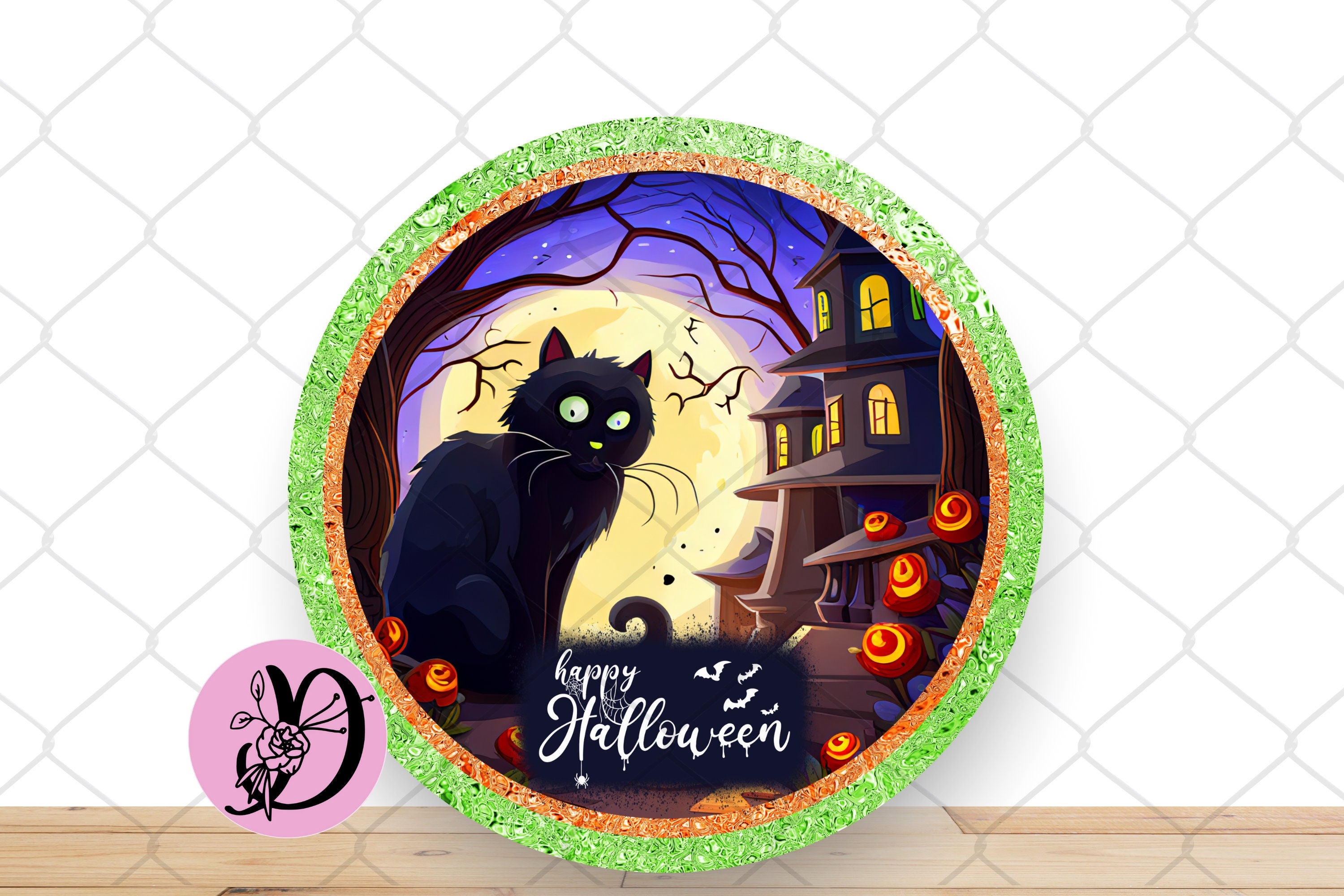 Halloween Wreath Sign, Happy Halloween Black Cat Round Metal Sign, Sign For Wreath, Desert Wreath Signs