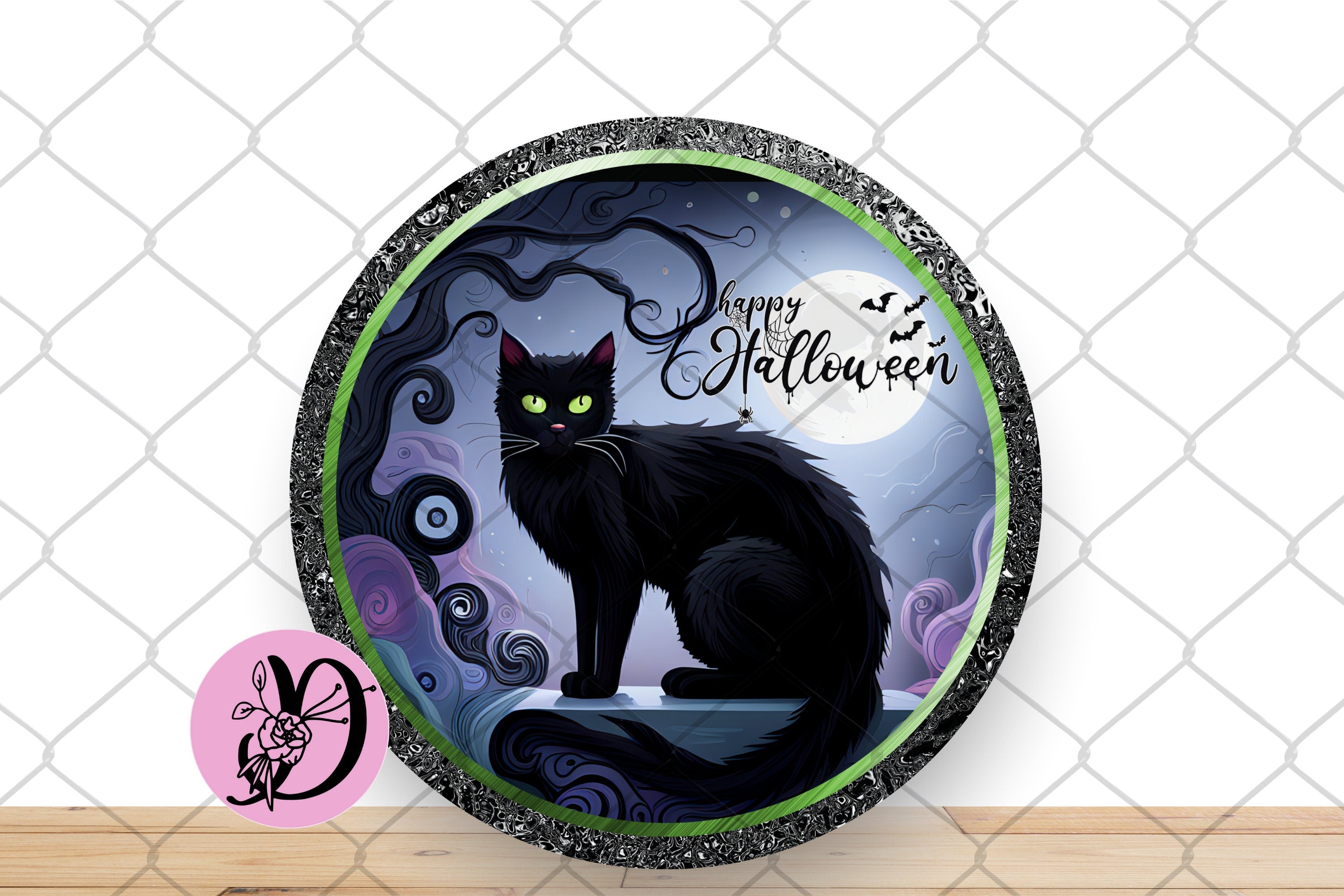 Halloween Wreath Sign, Happy Halloween Black Cat Round Metal Sign, Sign For Wreath, Desert Wreath Signs