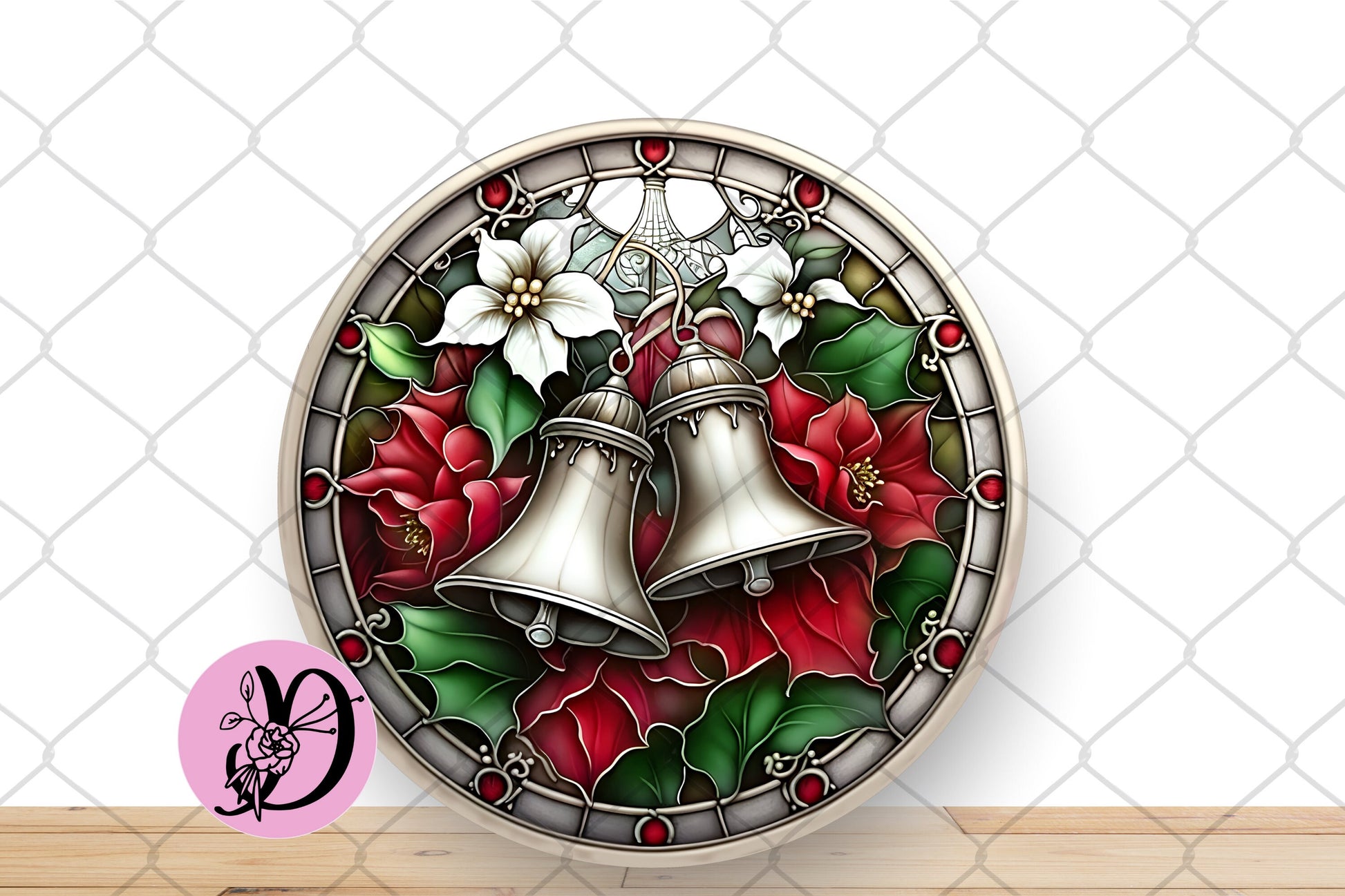 Christmas Wreath Sign, Stained Glass Silver Bells Round Metal Sign, Sign For Wreath, Desert Wreath Signs
