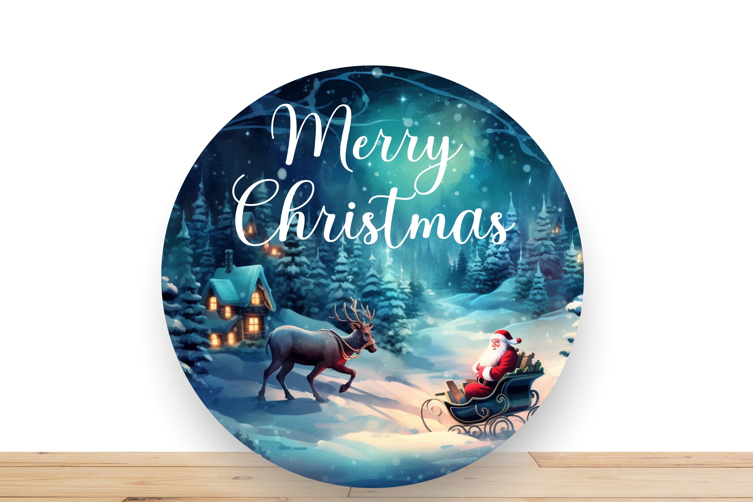 Christmas Wreath Sign, Merry Christmas Wilderness Scene Round Metal Sign, Desert Wreath Signs