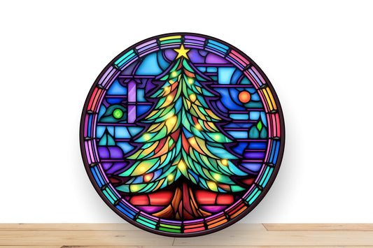 Christmas Faux Stained Glass Christmas Tree Wreath Sign With A multitude Of Colors, Desert Wreath Creations