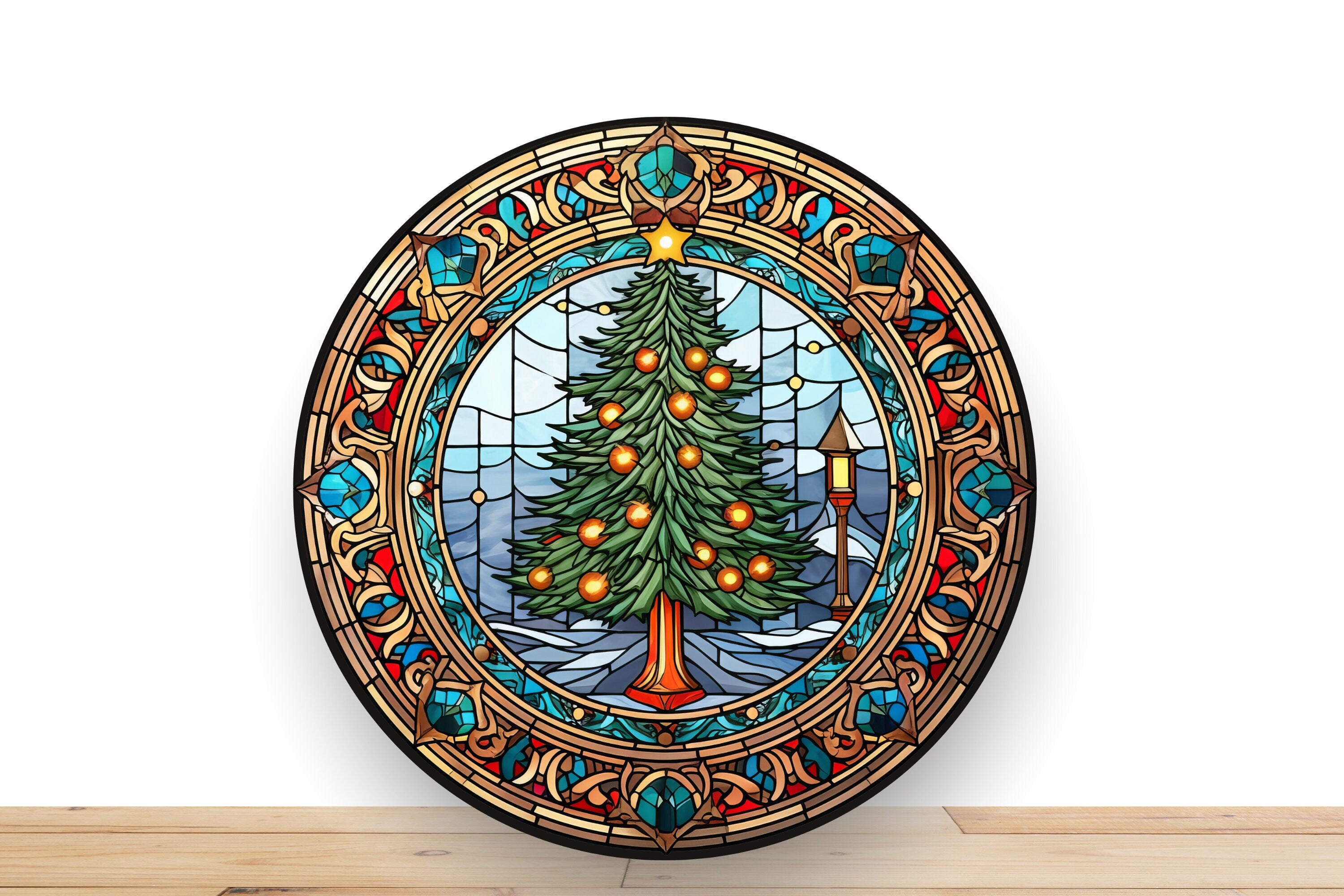 Christmas Faux Stained Glass Wreath Sign, Metal Round Sign, Desert Wreath Signs