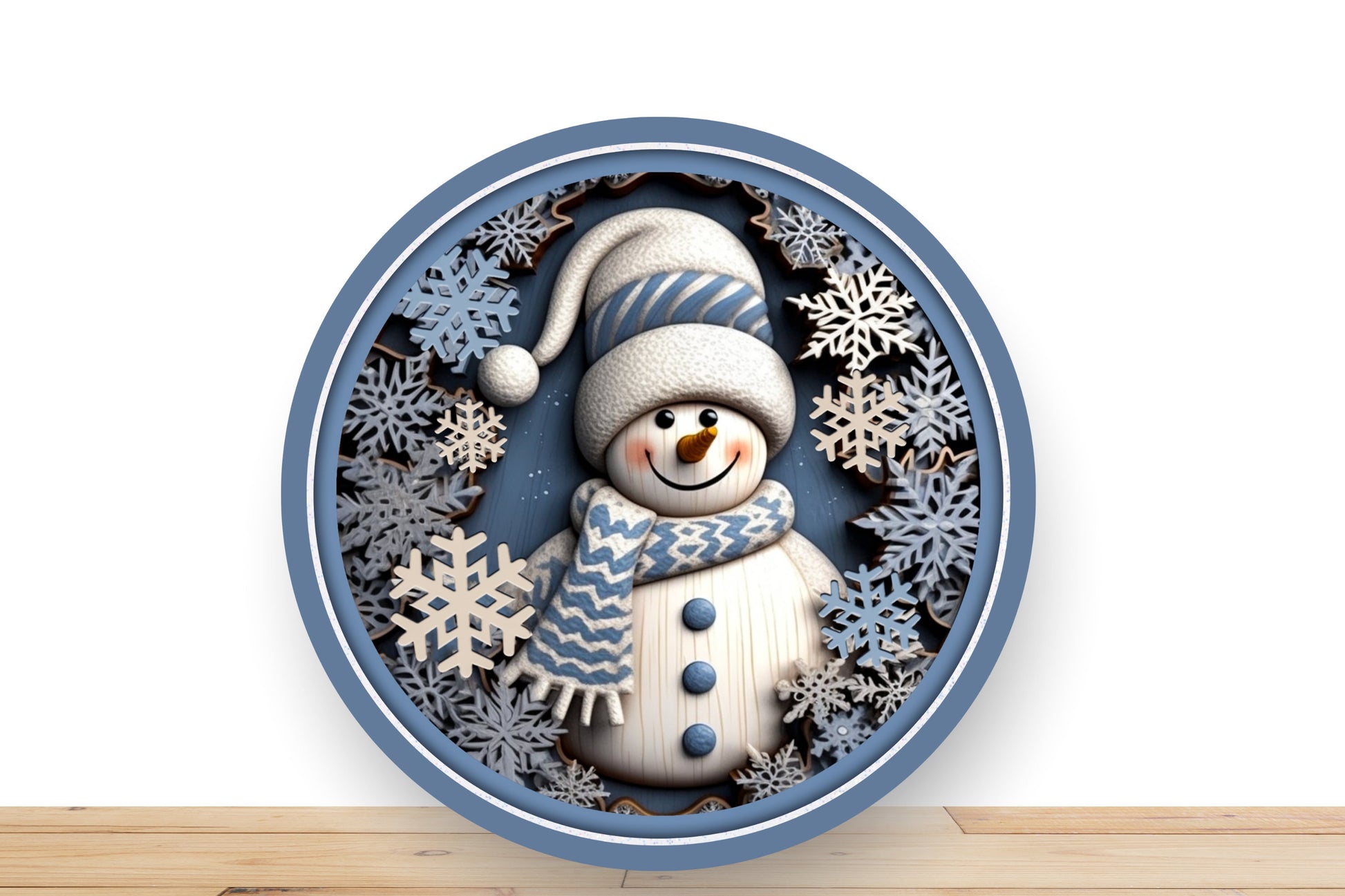 Christmas Snowman Wreath Sign, Blue Snowman 3D Round Metal Sign, Desert Wreath Signs