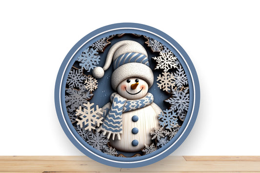 Christmas Snowman Wreath Sign, Blue Snowman 3D Round Metal Sign, Desert Wreath Signs