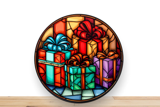Christmas Wreath Sign, Faux Stain Glass Multi Color Christmas Presents Round Metal Sign, Desert Wreath Creations