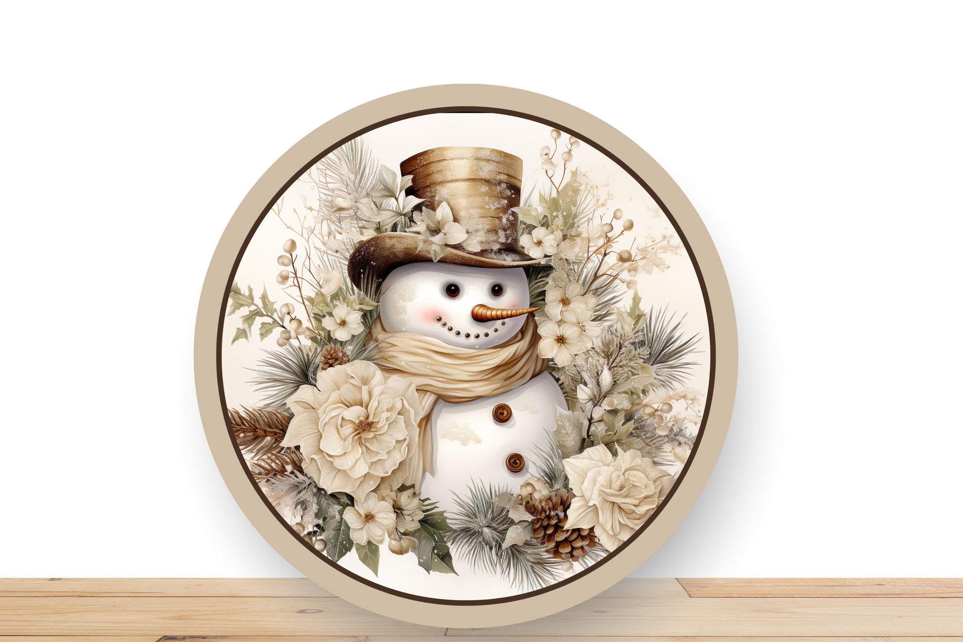 Winter Snowman Wreath Sign - Tans, Creams, and Winter Florals