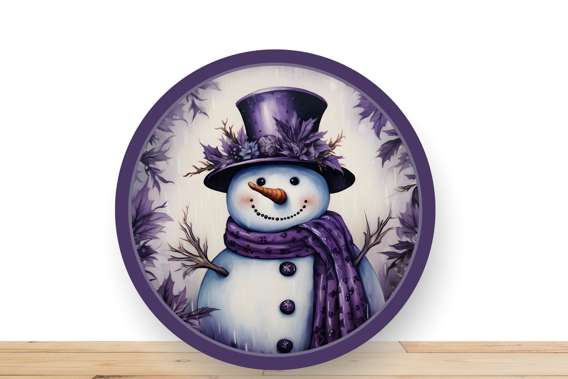 Purple Christmas Snowman Sign with Winter Leaves, Winter Snowman Sign