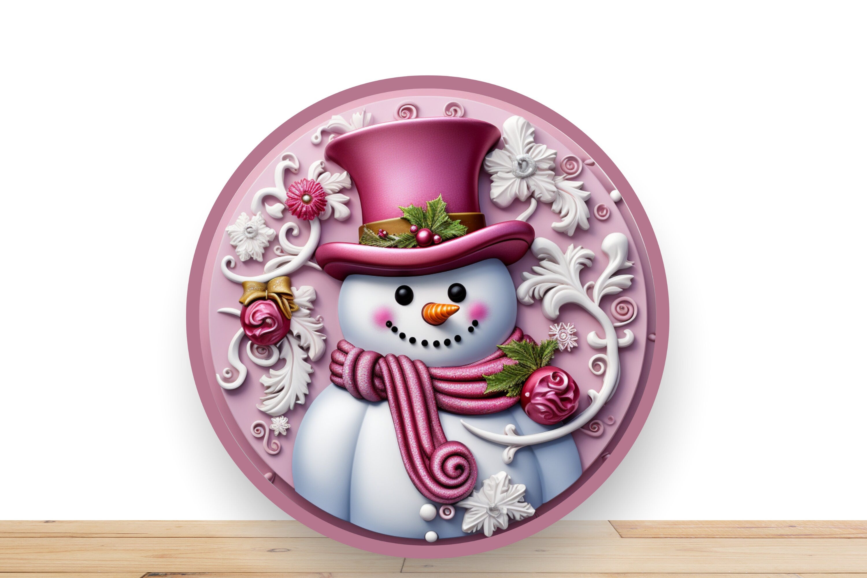 Pink Snowman Wreath Sign, 3D Pink Snowman round metal sing, Desert Wreath Signs